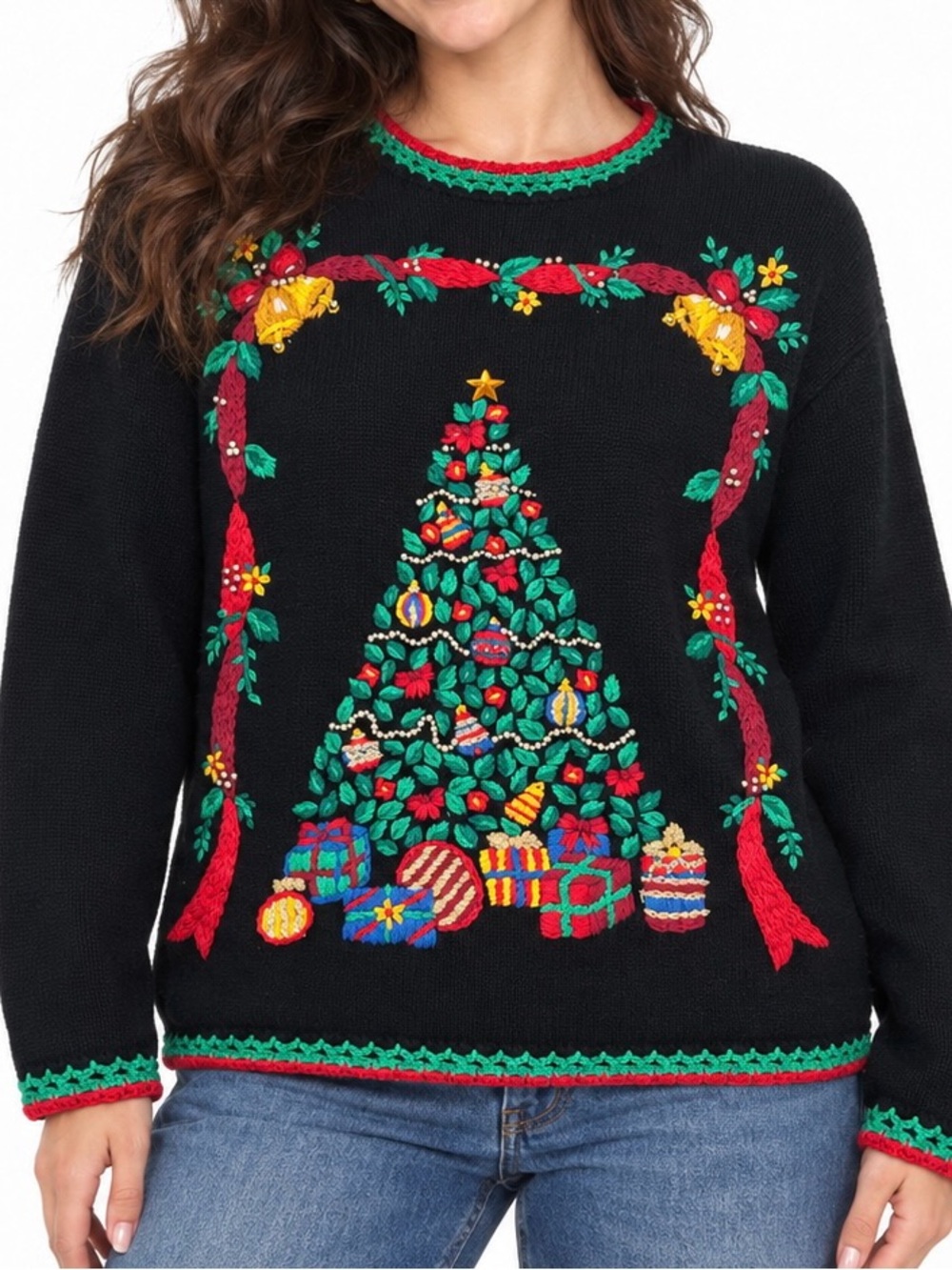 NutCracker Embroidered Christmas Tree Sweater Medium Holiday Cottagecore